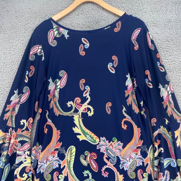 Haani Dress Womens Large Navy Multi Paisley Shift Bell Sleeve Jersey Knit Mini - Picture 4 of 9